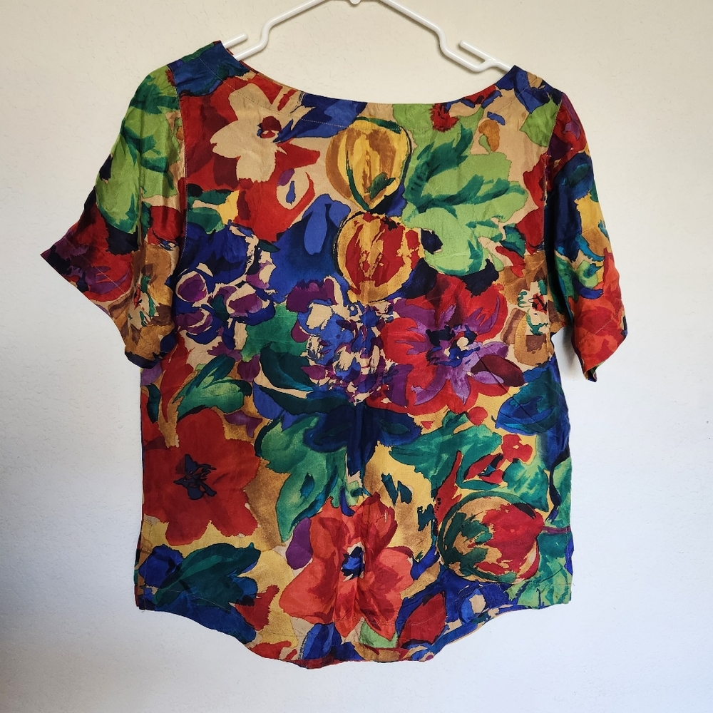 Vintage La Chine Classic womens multi color floral 100% silk blouse sz small EUC